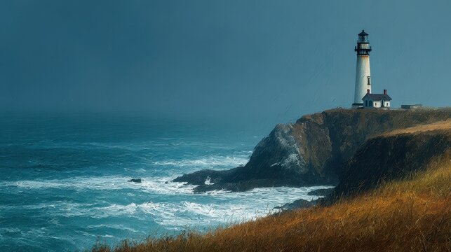 Beautiful lighthouse standing tall against stormy ocean waves near rugged coastline in early morning light - Powered by Adobe