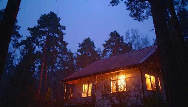 Cozy cabin bathed in twilight light, nestled deep within a forest - Powered by Adobe