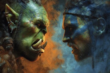 Orc and warrior face-off in dramatic fantasy style with smoky background atmosphere.