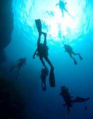 Divers silhouetted in deep blue ocean. Sunlight beams through the water