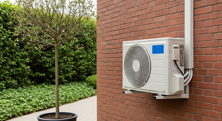 Outdoor air conditioning unit mounted on a brick wall next to a tree