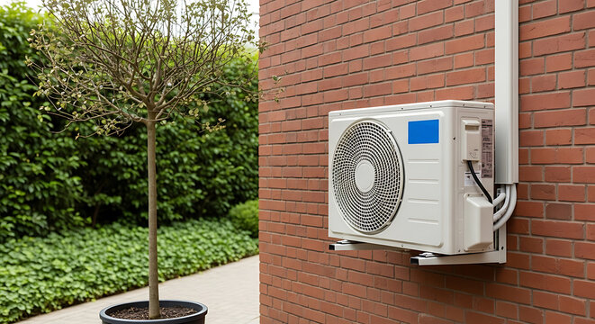 Outdoor air conditioning unit mounted on a brick wall next to a tree