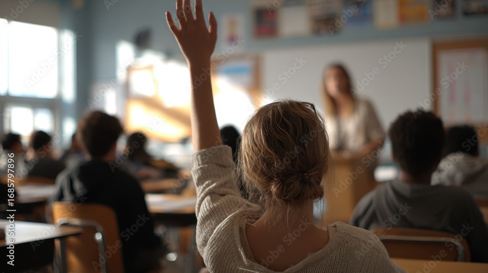 Poster focused medium shot of a student raising a hand to ask a question with the teacher leaning in suppor