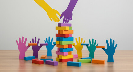 Teamwork concept with colorful hands and blocks representing community and collaboration