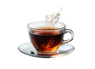 a steaming cup of black tea, isolated on a transparent background in PNG format.