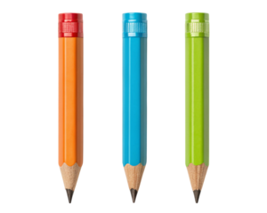 Three colorful sharpened pencils in orange blue and green isolated on transparent background
