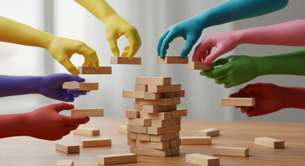 Diverse hands building a wooden tower together, teamwork, strategy, and collaboration concept