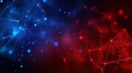 Colorful abstract digital design with blue and red glowing particles and connected lines