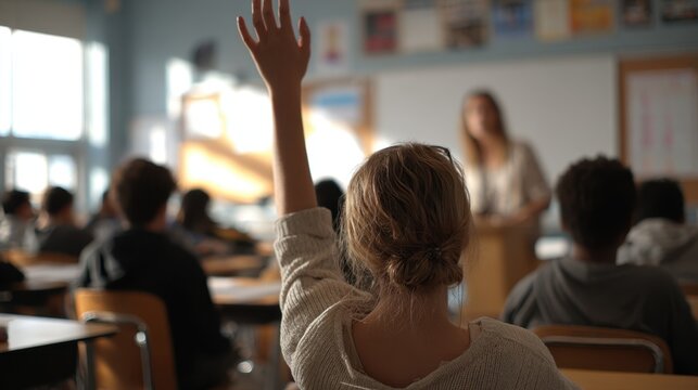Focused medium shot of a student raising a hand to ask a question with the teacher leaning in supportively blurred desks and boards in the background.