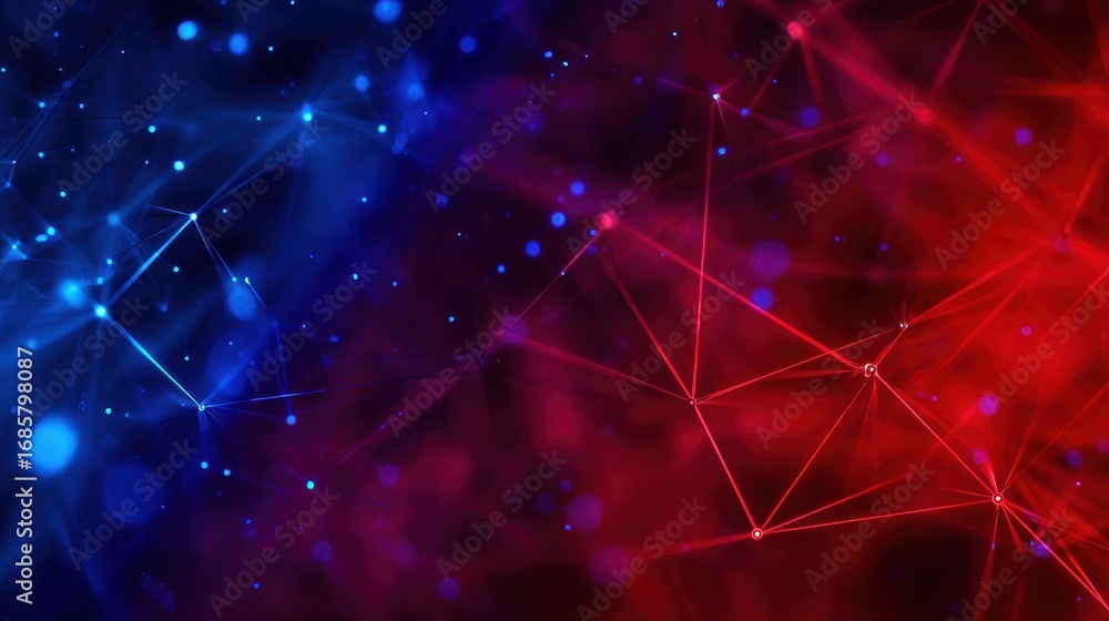 Poster colorful abstract representation of interconnected nodes in red and blue gradients