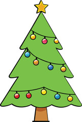Cartoon Christmas tree with ornaments and star green