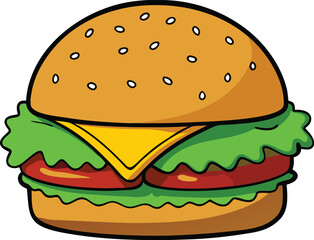 Cartoon Hamburger with Lettuce Cheese Tomato and Sesame Seed Bun
