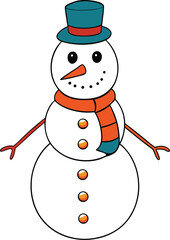 Cartoon snowman with scarf and hat on white background