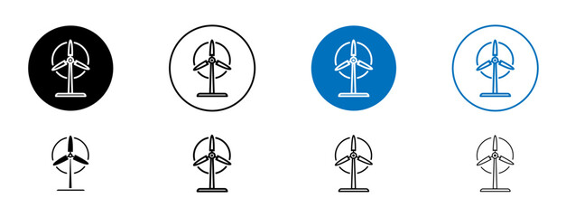 Wind energy icons set in black and blue colors on white background