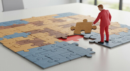 Businessman connecting puzzle piece, teamwork and problem-solving concept for success
