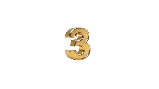 Golden number three with metallic texture isolated on transparent background, a shiny and luxurious symbol for celebration and achievement