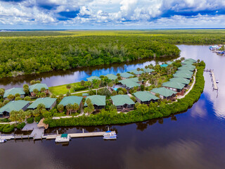 Houses with green metal roofs Everglades City Florida Big Cypress National Preserve landscape