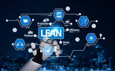 A futuristic robot hand interacts with digital icons representing lean management concepts. This image showcases business efficiency, innovation, and optimization ideas. Tessel