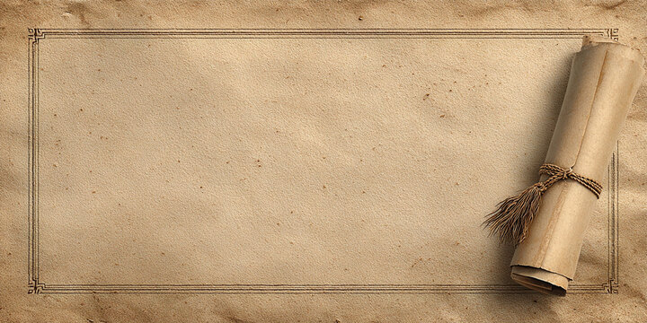 Vintage certificate background with textured parchment paper and rolled scroll tied with rope on side, classic diploma or award design template with copy space retro style AI generated