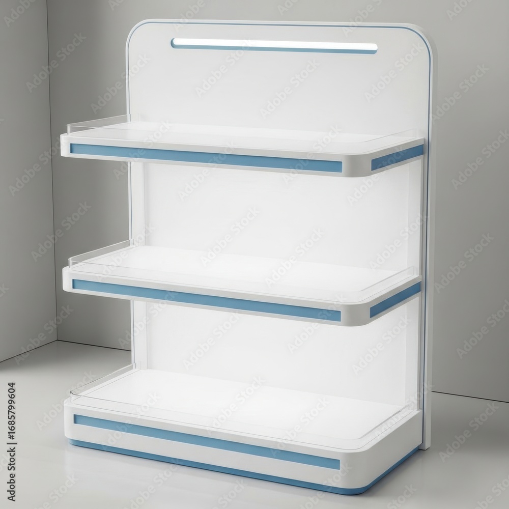 Poster modern three tier display shelf unit with illuminated top and blue accents isolated on white backgro