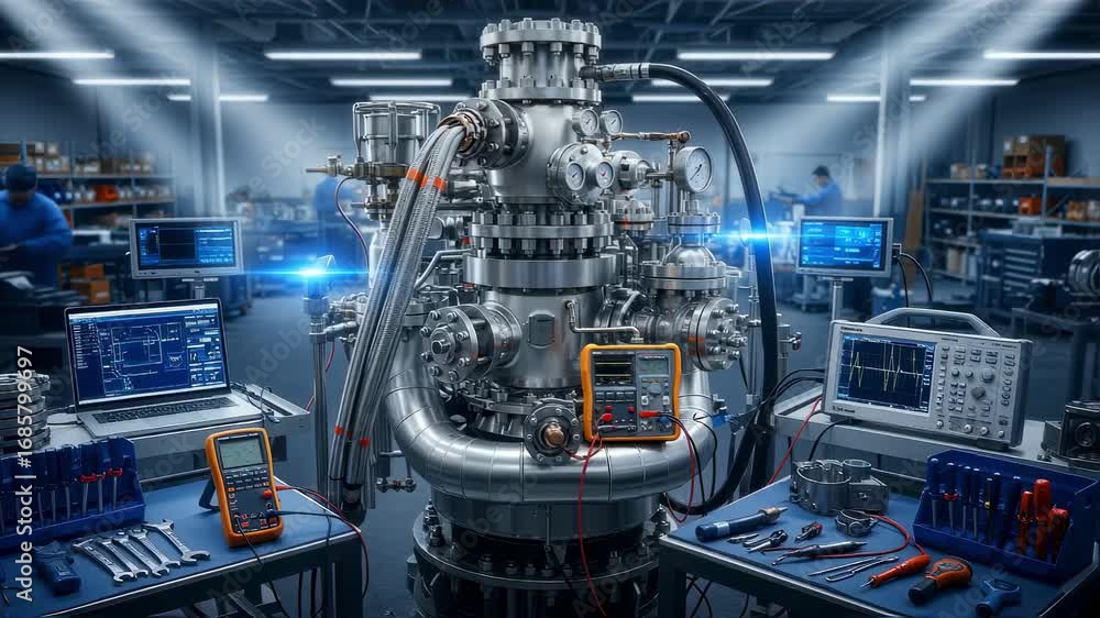 Poster comprehensive view of an aircraft carriers steam catapult generator module surrounded by diagnostic 