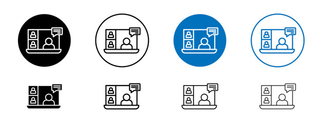 Online meeting icons set in black and blue colors on white background