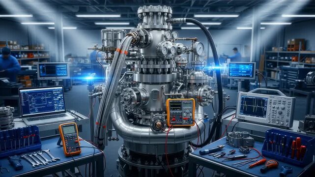 Comprehensive view of an aircraft carriers steam catapult generator module surrounded by diagnostic instruments in a repair shop.