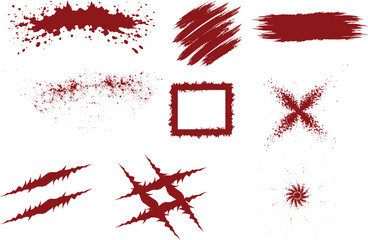 Red Splatter Diverse brushstrokes. Vector Chinese red ink lines pack. frame, Claws marks. Brush, imitating blood, cut marks, frame, Claws marks, splashes, drops, blots, spray. Hand drawn maroon paint 