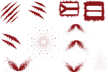 Blood Splatter Diverse Patterns brushstrokes Set for Crime and Horror Design Elements. Dirty collection of paint splatter imitating blood, cut marks, frame, Claws marks, splashes, drops, blots, spray.