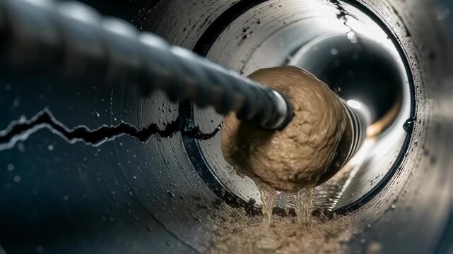 Close interior footage of drain auger twisting through cracked pipe section illustrating effective clog removal amid challenging plumbing conditions.