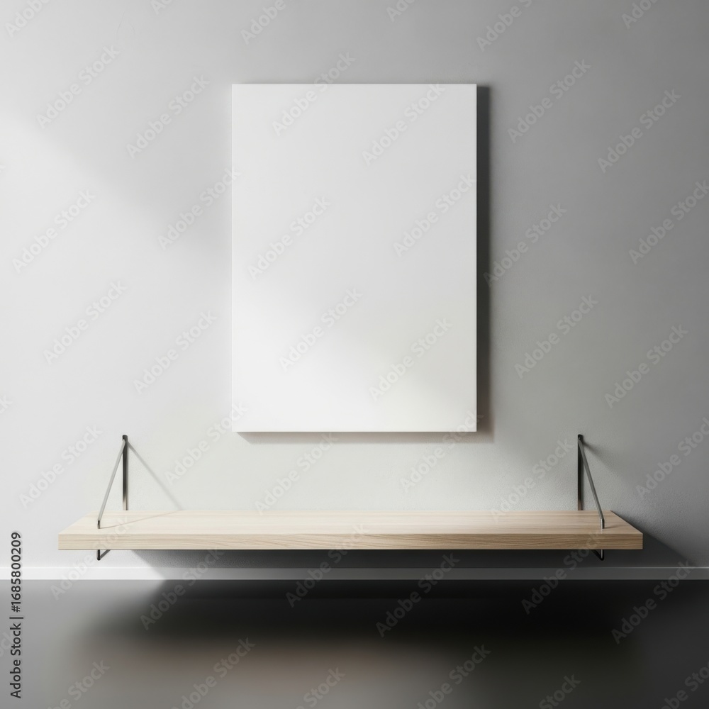 Poster blank white canvas mounted above a wooden shelf creating a minimalist display isolated on white back