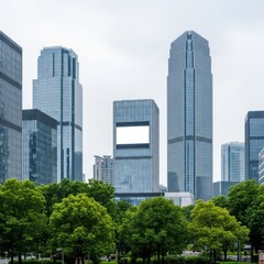 Naklejka premium Modern glass skyscrapers rising above lush green trees against a cloudy sky isolated on white background