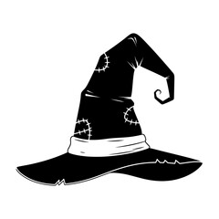 Illustration of a black witch hat with patches for halloween celebration party