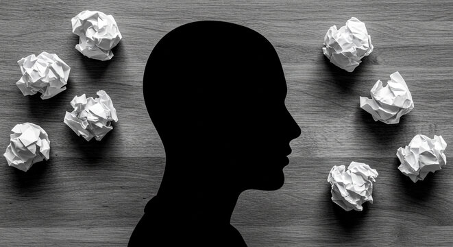 Silhouette of a head with crumpled paper representing creative block and ideas on wood