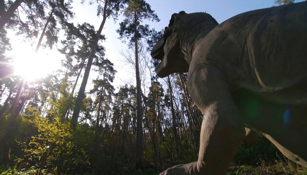 Large dinosaur statue, forest backdrop, sunlight - Powered by Adobe