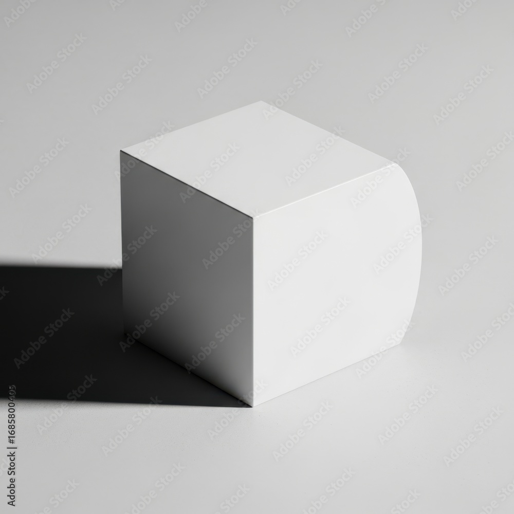 Poster A simple white geometric cube with a curved side casting a sharp shadow isolated on white background