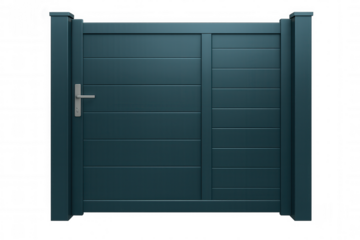 Closed modern blue gate featuring horizontal planks and a sleek metal handle, set against a transparent background for a clean look