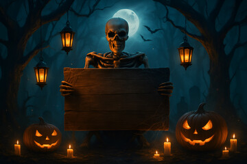Spooky Halloween night scene with skeleton holding blank sign, pumpkins, and candles under a full moon perfect for eerie holiday promotions