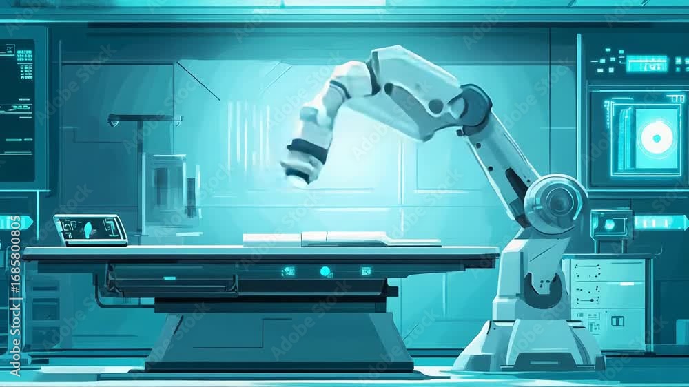 Poster robotic arm performing task in futuristic laboratory setting