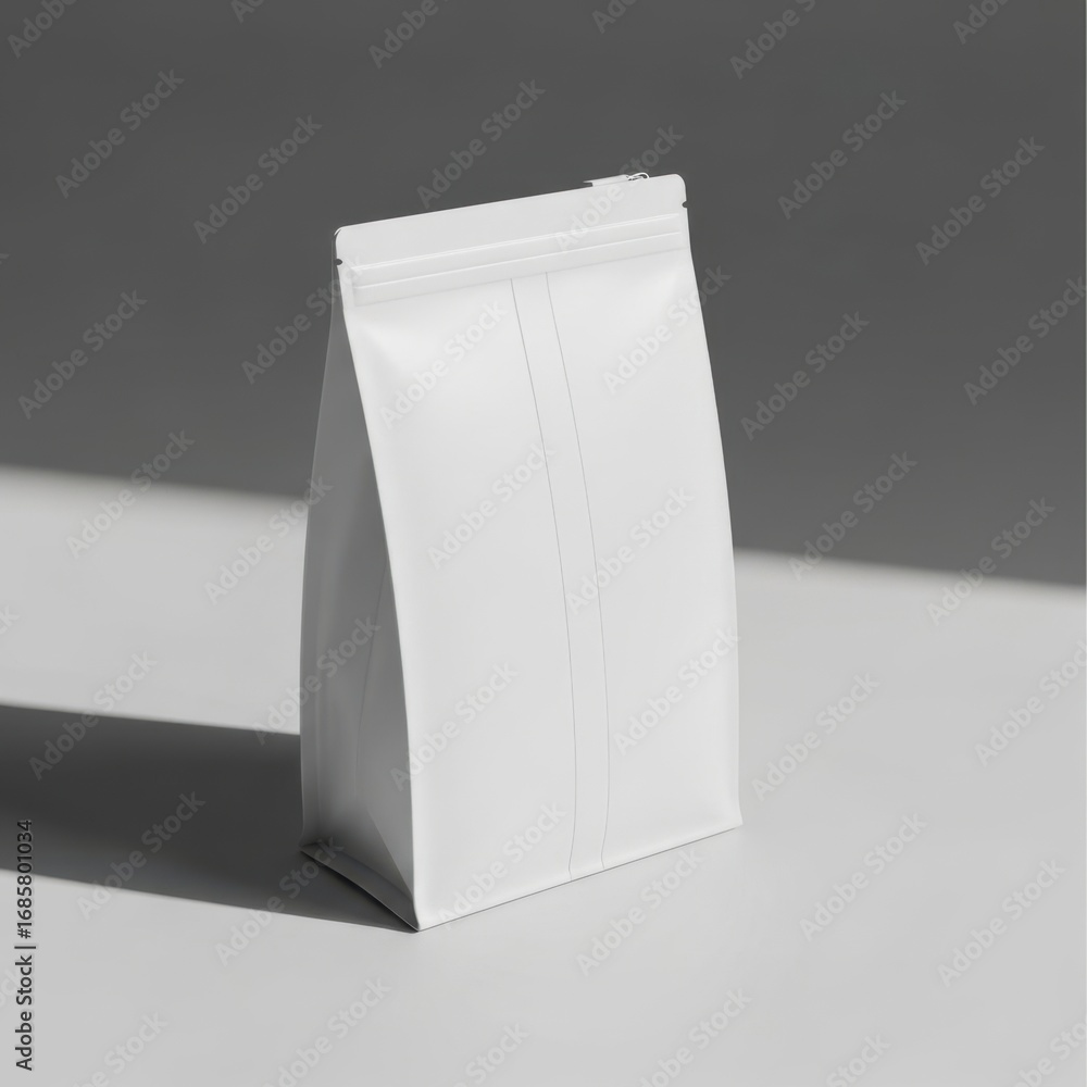 Poster a plain white stand up pouch with a resealable zipper closure casting a subtle shadow isolated on wh