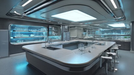 Fototapeta premium Modern futuristic kitchen design featuring sleek surfaces, advanced appliances, and ambient lighting