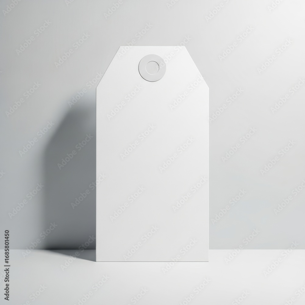 Poster blank white rectangular tag with rounded top and embossed circular seal isolated on white background