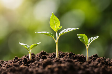 Fototapeta premium Young green seedlings growing from fertile soil, symbol of new life, agriculture, gardening, sustainability, and environmental care with natural sunlight and organic growth concept.