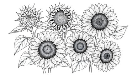 Sunflower Meadow Line Art — Intricate Black & White Sunflower Garden Illustration Featuring Multiple Sunflower Heads, Detailed Petals, Seed Disks and Leafy Stems — Coloring Page, Botanical Print, Tatt