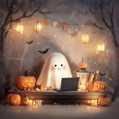 Halloween celebration, ghosts, Halloween, Halloween greeting cards, pumpkin, candy carriage, witch,ghost with phone, ghost with laptop, ghost working on Halloween