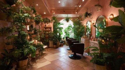 Fototapeta premium Relaxing plant-filled beauty salon interior with vibrant greenery and natural lighting in a cozy atmosphere
