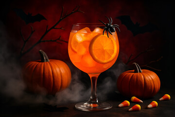 Enjoy a spooky Halloween cocktail party with vibrant orange drinks, pumpkins, bats and candies for a stylish seasonal celebration