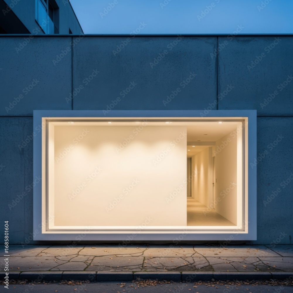 Poster modern architectural building facade with a brightly lit rectangular window showcasing an interior s