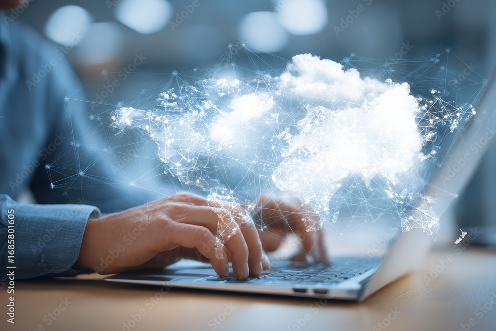 Poster digital technology enables seamless data exchange through cloud computing, showcasing a global netwo
