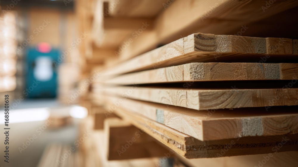 Poster focused view of flat wood panels securely layered on shelves in a climatecontrolled environment with